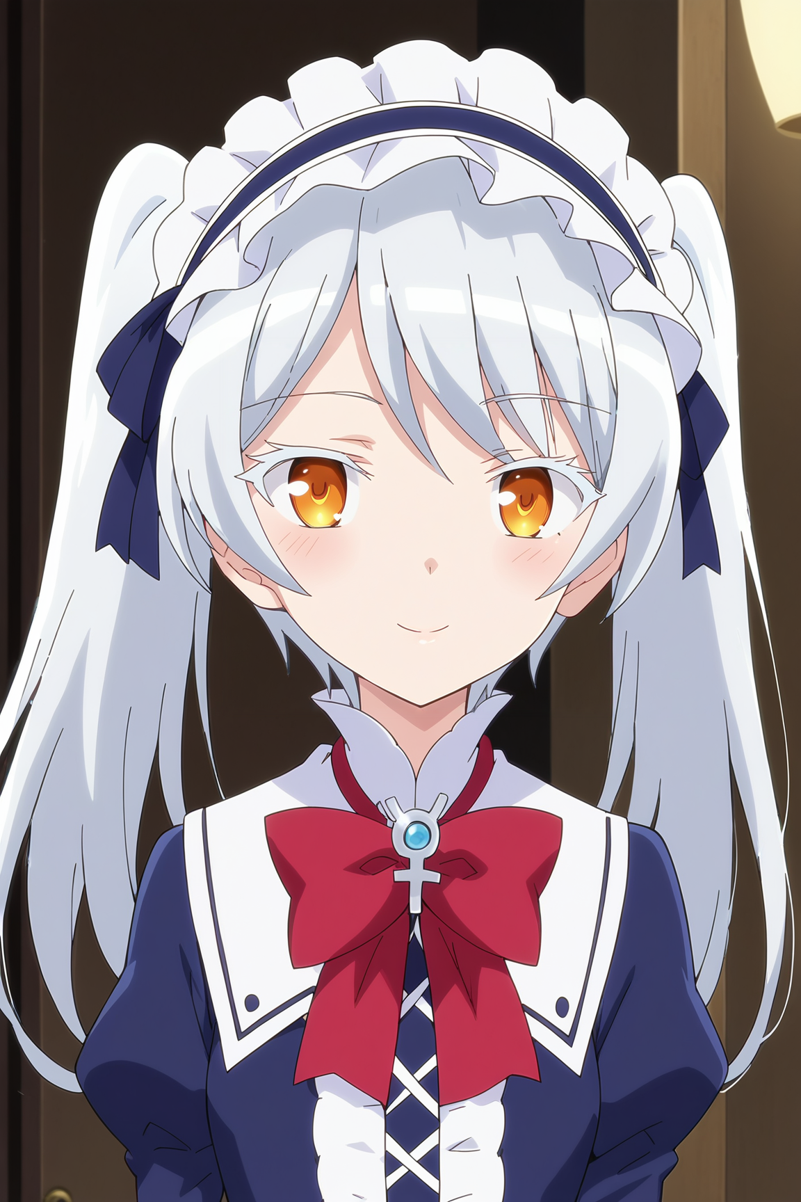 score_9, score_8_up, score_7_up, source anime, prefect lighting, very aesthetic, BREAK, anime screencap, anime coloring,
<lora:leen_isekai_smartphone-v2_pdv6:0.9>, 1girl, leen_\(isekai_wa_smartphone_to_tomo_ni.\), orange eyes, white hair, long hair, twintails, small breasts, colored eyelashes, 
leenout, dress, bow, white pantyhose, frilled hairband,
BREAK, looking at viewer, light smile, upper body, (close-up:0.8),