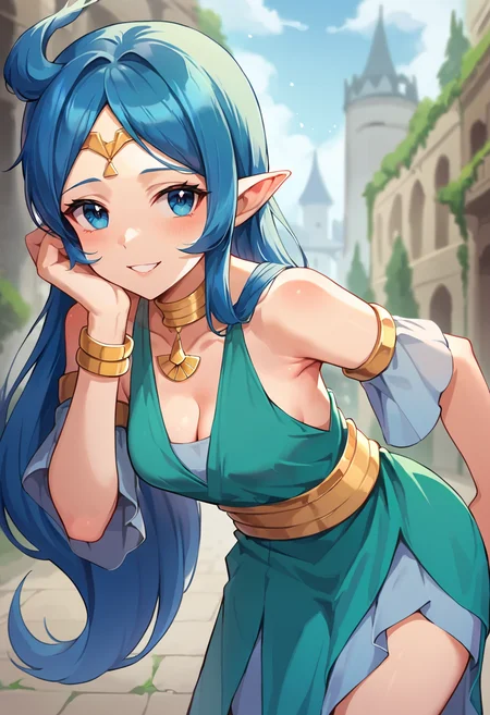 score_9, score_8_up, score_7_up, masterpiece, source_anime, 1girl, ct_nayru, long hair, blue hair, ahoge, blue eyes, gold circlet, choker, gold necklace, dress, gold bracelet, armlet, looking at viewer, outdoors, depth of field, city, cowboy shot, cleavage, medium breasts, smile, leaning forward, f<lora:Nayru_Pony_ct:0.9>
