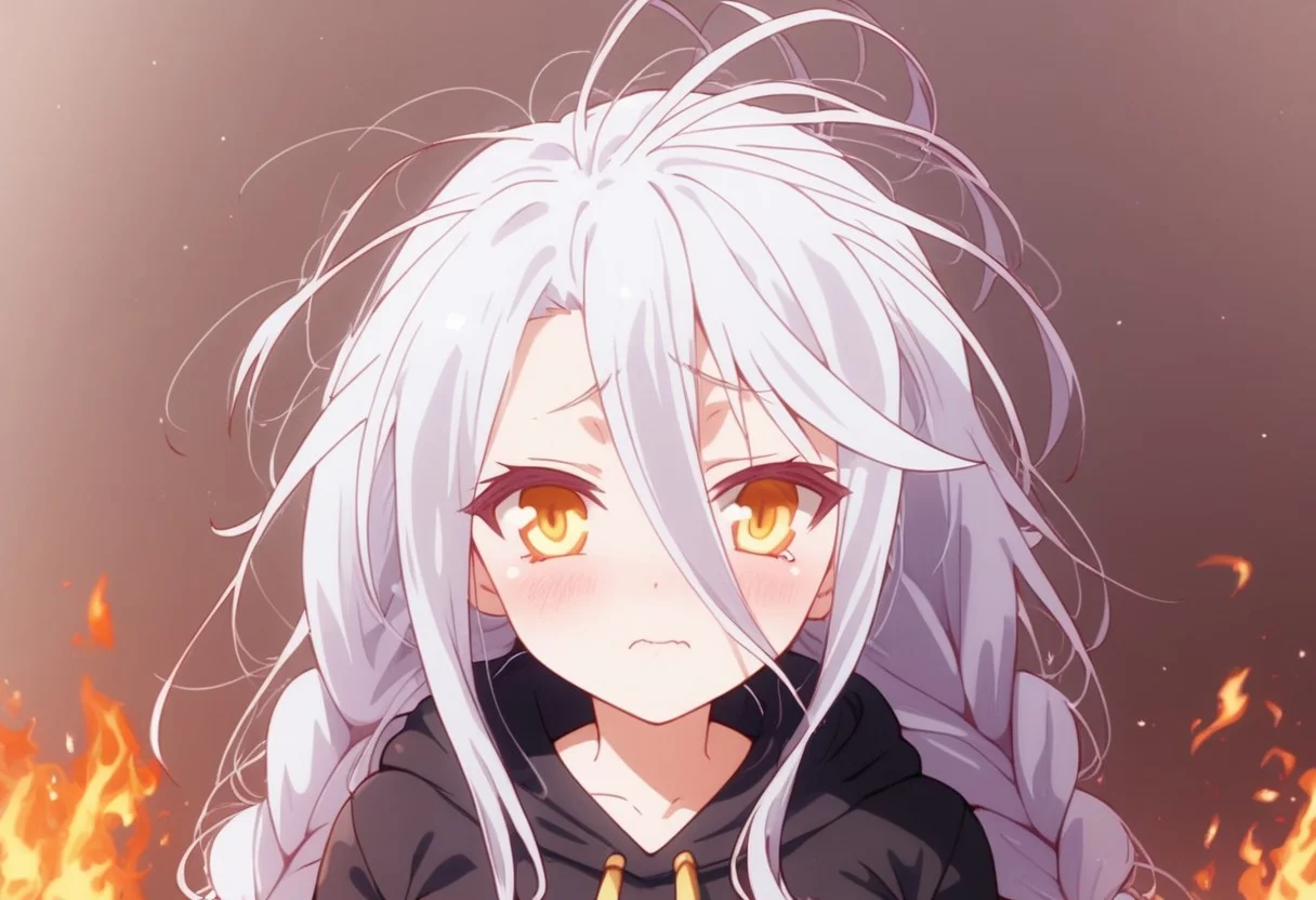 score_9, score_8_up, score_7_up, score_6_up,realistic style photo,masterpiece, ultra-realistic 8k, (best quality), intricate details,high detail, sharp, detailed, 1girl, beautiful, shiro, long hair, hair between eyes, very long hair, white hair, twin braids, messy hair, yellow eyes, fair skin, small breasts, hoodie, leggings, computer office with fire element, computers composed of fire elements, worried expression, scared expression, chaotic office with computers on fire, summer sunlight, upper body, looking at viewer , perfect, perfection, zPDXL2,b3yum1, ais-wirez