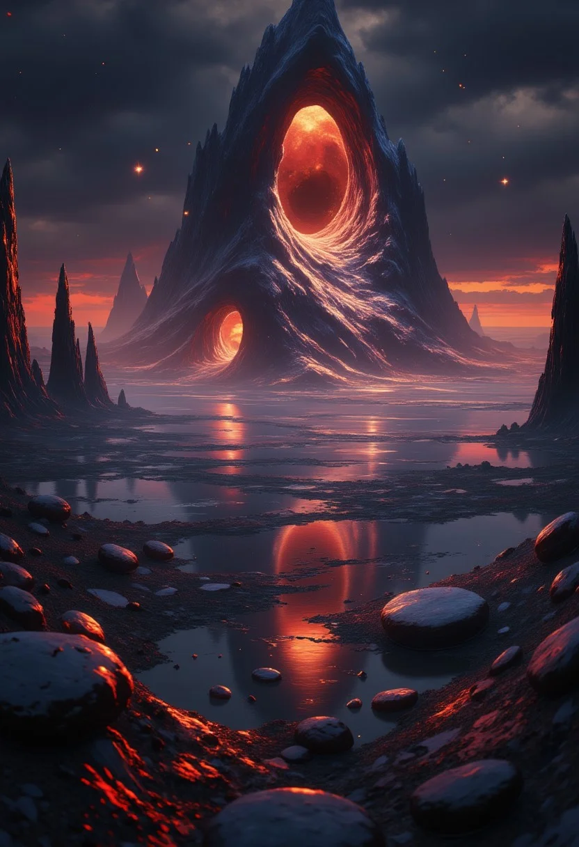 An expansive, surreal landscape stretching endlessly in a distorted fisheye perspective, illuminated by deep dark hues and black, with bursts of red and white creating an almost psychedelic atmosphere. Towering high into the sky stands a colossal, ancient stone structure, its surface cracked and pulsating with monochromatic veins of glowing DARK energy. Embedded within its immense facade are numerous highly detailed portals, each distinct and mesmerizing: one swirling with luminous, bioluminescent black oceans under a desaturated sky, another crackling with electric storms over a rugged spikey landscape drenched in rain, flickering in glitching shades of black and white. lndscpx