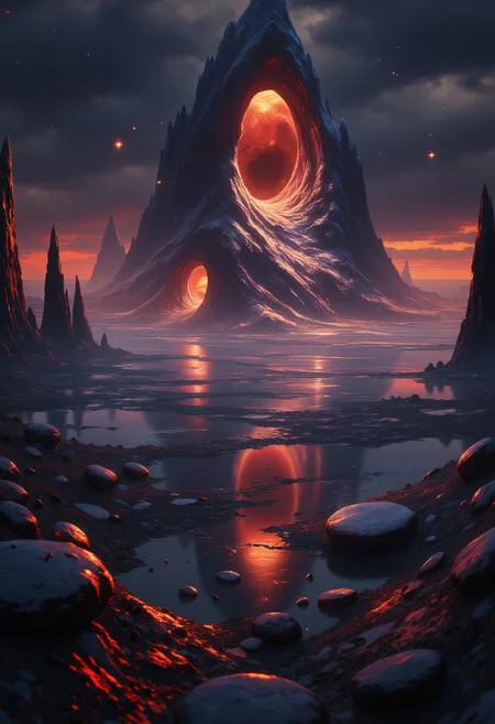 An expansive, surreal landscape stretching endlessly in a distorted fisheye perspective, illuminated by deep dark hues and black, with bursts of red and white creating an almost psychedelic atmosphere. Towering high into the sky stands a colossal, ancient stone structure, its surface cracked and pulsating with monochromatic veins of glowing DARK energy. Embedded within its immense facade are numerous highly detailed portals, each distinct and mesmerizing: one swirling with luminous, bioluminescent black oceans under a desaturated sky, another crackling with electric storms over a rugged spikey landscape drenched in rain, flickering in glitching shades of black and white. lndscpx