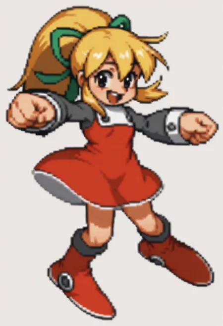 score_9, score_8_up, score_7_up BREAK RollMvC, 1girl, blonde hair, ponytail, black eyes, green ribbon, white collar with black buttons, red dress, long gray sleeves, white cuffs, red white boots, full body, smiling,