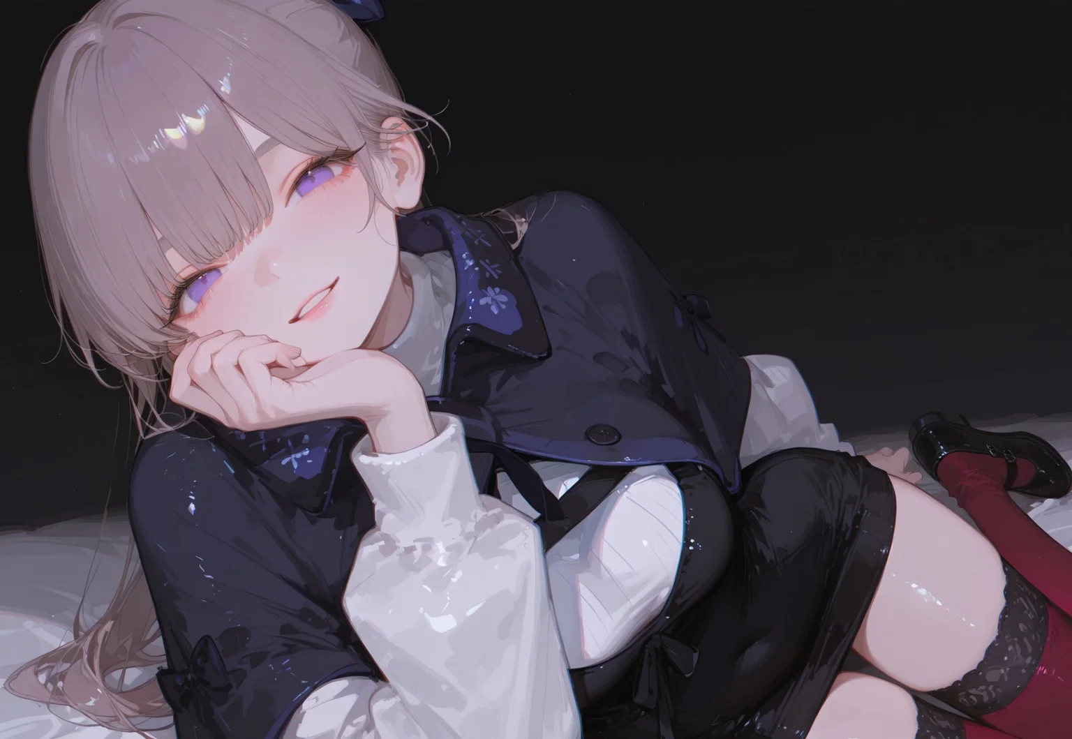 masterpiece, best quality, hyper-realistic, ultra-HD, luminous lighting, cinematic ambiance, shimmering gradients, ethereal glow, deep contrast, rich color tones, seductive atmosphere, captivating sensuality, Cinematic Lighting, raytracing, volumetric lighting, ambient occlusion, very awa, absurdres, amazing quality, ultra-detailed,8K,illustration,CG,
BREAK
shiny hair, clear skin, ultra-detailed-eyes, simple background, cute girl, eyelashes, slender, long hair, large breasts, (mature female), slim body, long lushes, long legs, flat stomach, usnr, 748cmstyle,
BREAK
Lapwing_Gosling, light brown hair, purple eyes, ponytail, bangs, hair bow, black capelet, black dress, white sweater, red socks, knee highs, black shoes,
BREAK
hand on own chin, parted lips, okawaii koto, light smile, from view, looking at view,
