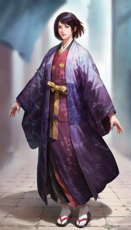 score_9,score_8_up,score_7_up,
highly detailed,highres,<lora:naotoraIi>,naotora ii,
1girl,solo,black hair,short hair,bangs,
brown eyes,looking at viewer,
purple kimono,intricate patterns,light purple ribbon,yellow sash,tabi,
full body,
simple background,blurry background,