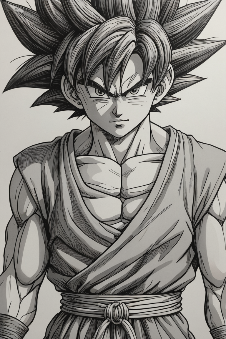 son Goku manga drawing,in great detail,monochrome