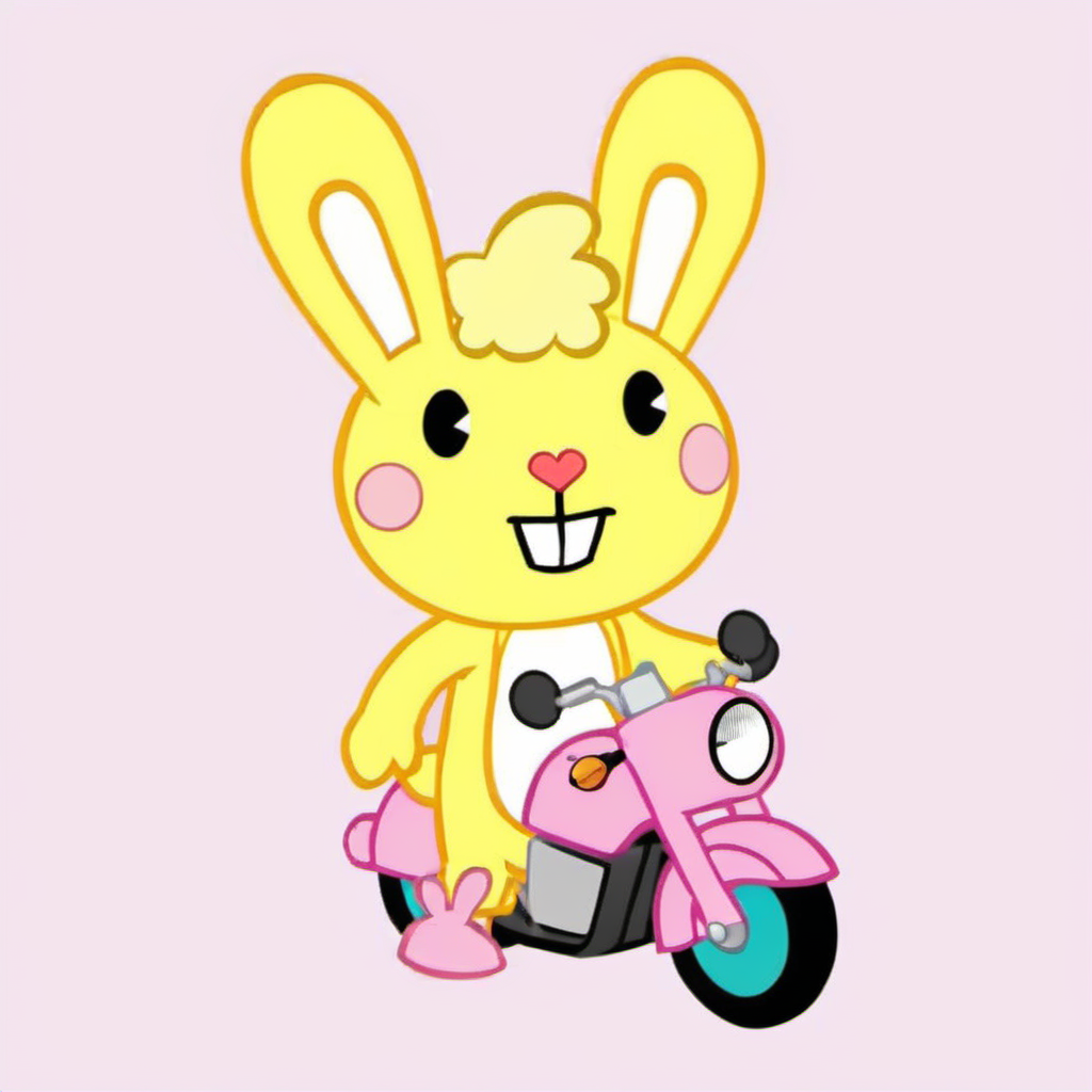 cartoon, a yellow rabbit with pink sleepers, ears pierced, tattoos, rinding a motorcycle <lora:Cuddles1024-000380:0.8>