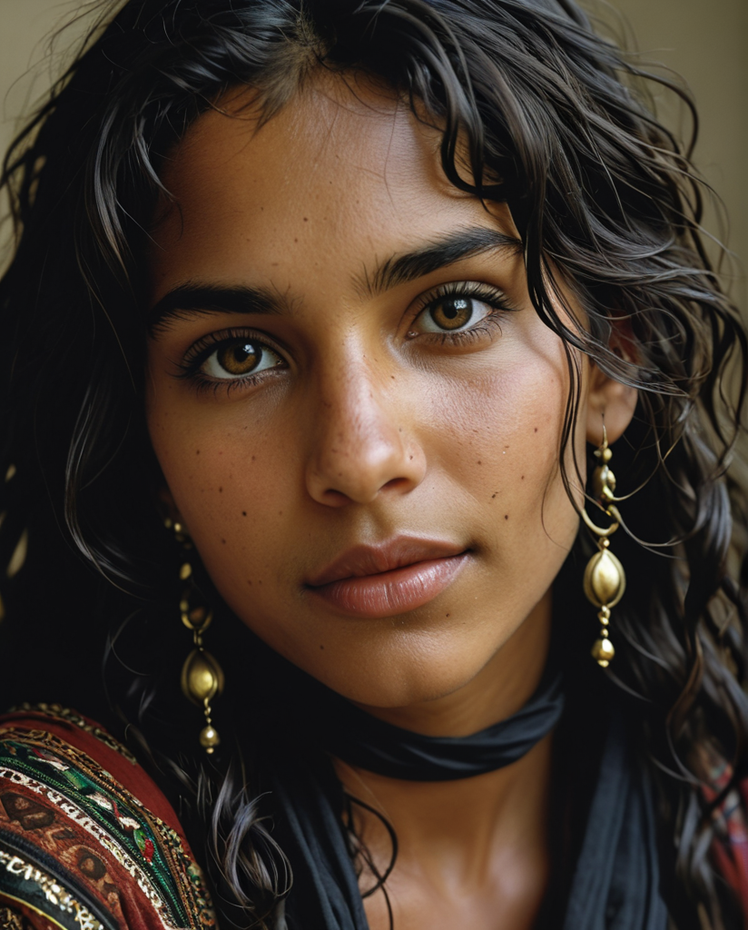 Close-up portrait of a gypsy girl, lying on the floor, profile, wavy black hair, loose and messy hair, locks on the face, hyper-detailed black eyes, direct gaze, dark skin, straight nose, full lips, (mouth ajar: 1,5), (smile:1), long face, black scarf around the neck, earrings, fashion style, (Steve McCurry, Herb Ritts, Mario Sorrenti), jasmine, musk, sensuality, earthy tones, photo quality, 4K