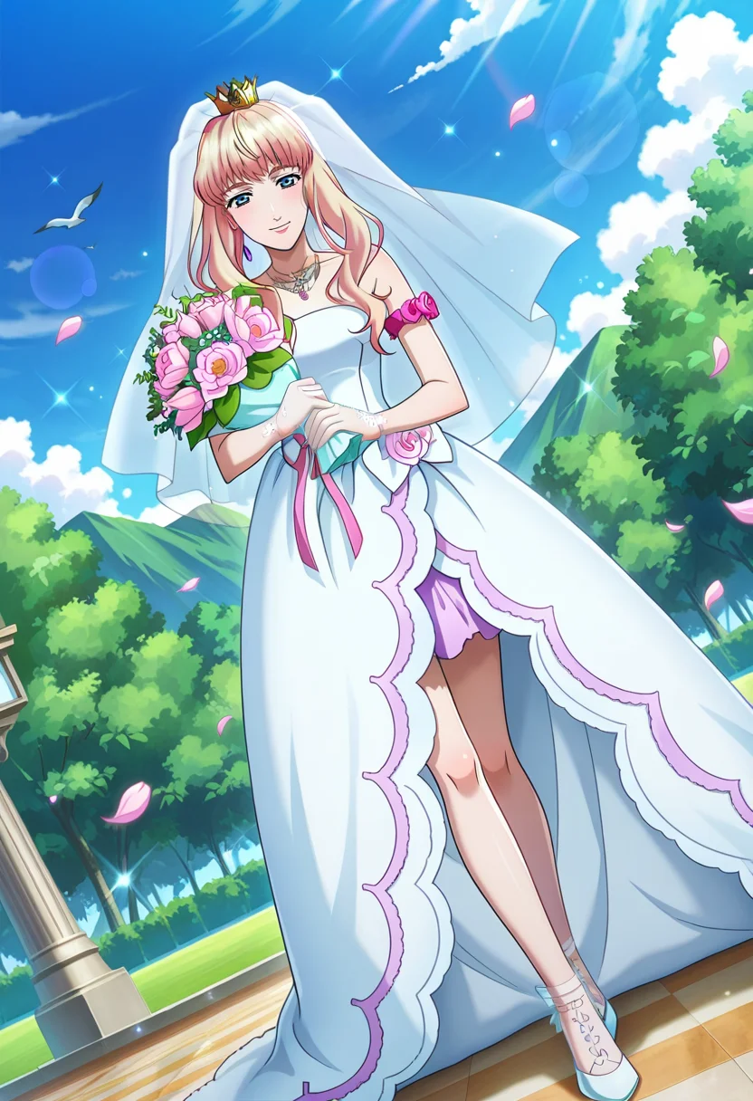 clouds, outdoor, floating petals, trees,
BREAK,
light smile, looking at viewer,
full body, dynamic angle,
BREAK,
<lora:sherylX_illustriousXL_v01:0.99>
sheryl nome, sherylwedding, blonde hair, gradient hair, blue eyes, necklace, jewelry, floral armband, single earring, crown, bridal veil,
wedding dress, bare shoulders, sleeveless, see through gloves, gloves, translucent skirt, purple skirt,
white footwear, white shoes, holding bouquet, source_anime, very aesthetic, anime coloring, masterpiece,
best quality, amazing quality, ultra detailed, very aesthetic,
detailed background,
BREAK,