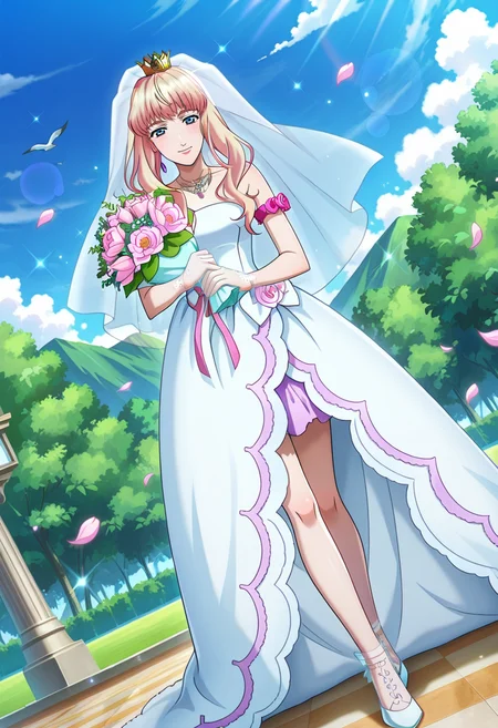 clouds, outdoor, floating petals, trees,
BREAK,
light smile, looking at viewer,
full body, dynamic angle,
BREAK,
<lora:sherylX_illustriousXL_v01:0.99>
sheryl nome, sherylwedding, blonde hair, gradient hair, blue eyes, necklace, jewelry, floral armband, single earring, crown, bridal veil,
wedding dress, bare shoulders, sleeveless, see through gloves, gloves, translucent skirt, purple skirt,
white footwear, white shoes, holding bouquet, source_anime, very aesthetic, anime coloring, masterpiece,
best quality, amazing quality, ultra detailed, very aesthetic,
detailed background,
BREAK,