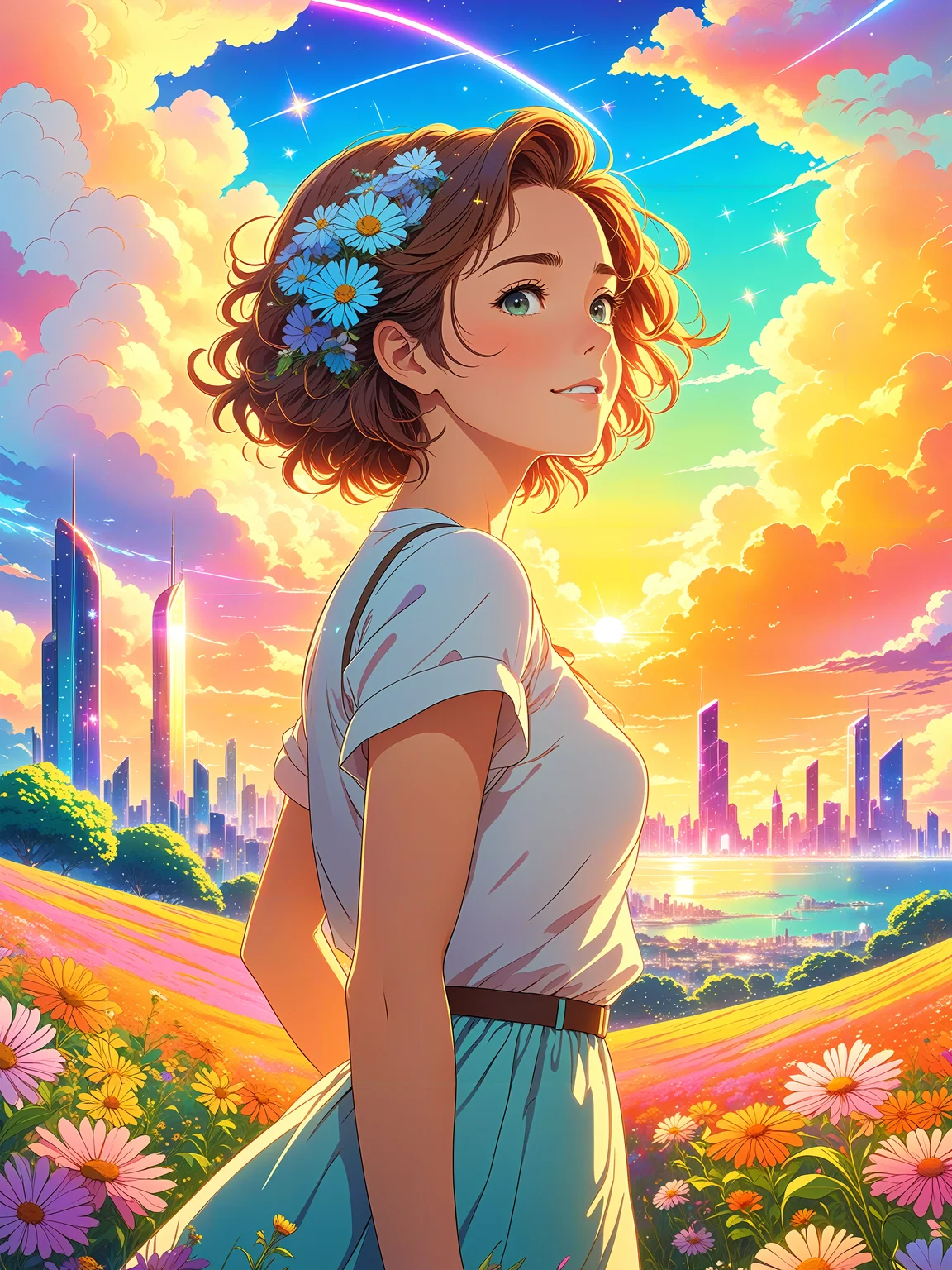 best quality, beautiful woman in the foreground, portrait, detailed face, anime, flowers in hair, carefree, relaxed, hdr, hd, cel shading, illustration, masterpiece, floating island in the sky, vibrant crystalline city, terraces, studio ghibli, matte painting, art by rhads, trending on artstation, golden hour, cel shading, breathtaking colorful clouds, stars, streaks, makoto shinkai, latex textures, postcard, synthwave colors, foreground wildflowers, supercell
<lora:holosomnia-xl-alpha:1>