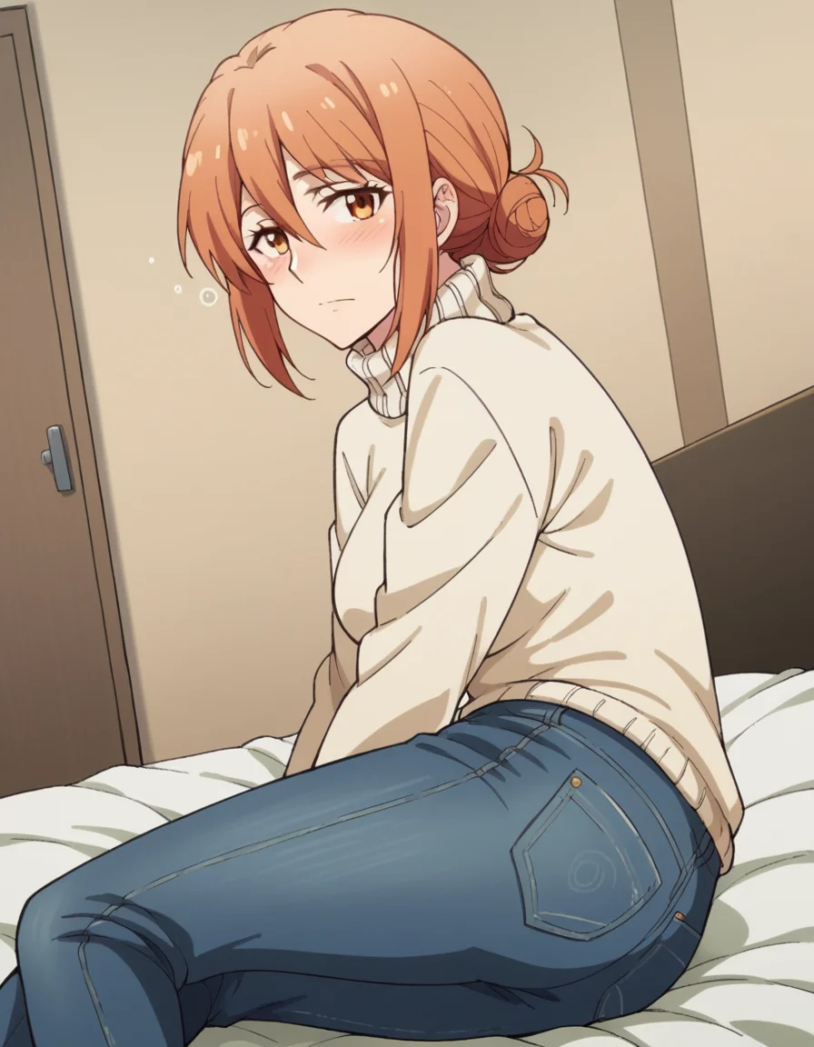 score_9, score_8_up, score_7_up, source_anime,
yuigahamama, <lora:mother-yuigahama-s2s3-ponyxl-lora-nochekaiser:1>,
yuigahamama, hair bun, mature female, orange eyes, orange hair, short hair, single hair bun, hair between eyes, sidelocks,
denim, jeans, pants, sweater, turtleneck, turtleneck sweater, white sweater,
indoors, bed, bed room, on side, blush, drunk,
looking at viewer, cowboy shot, dutch angle, solo,