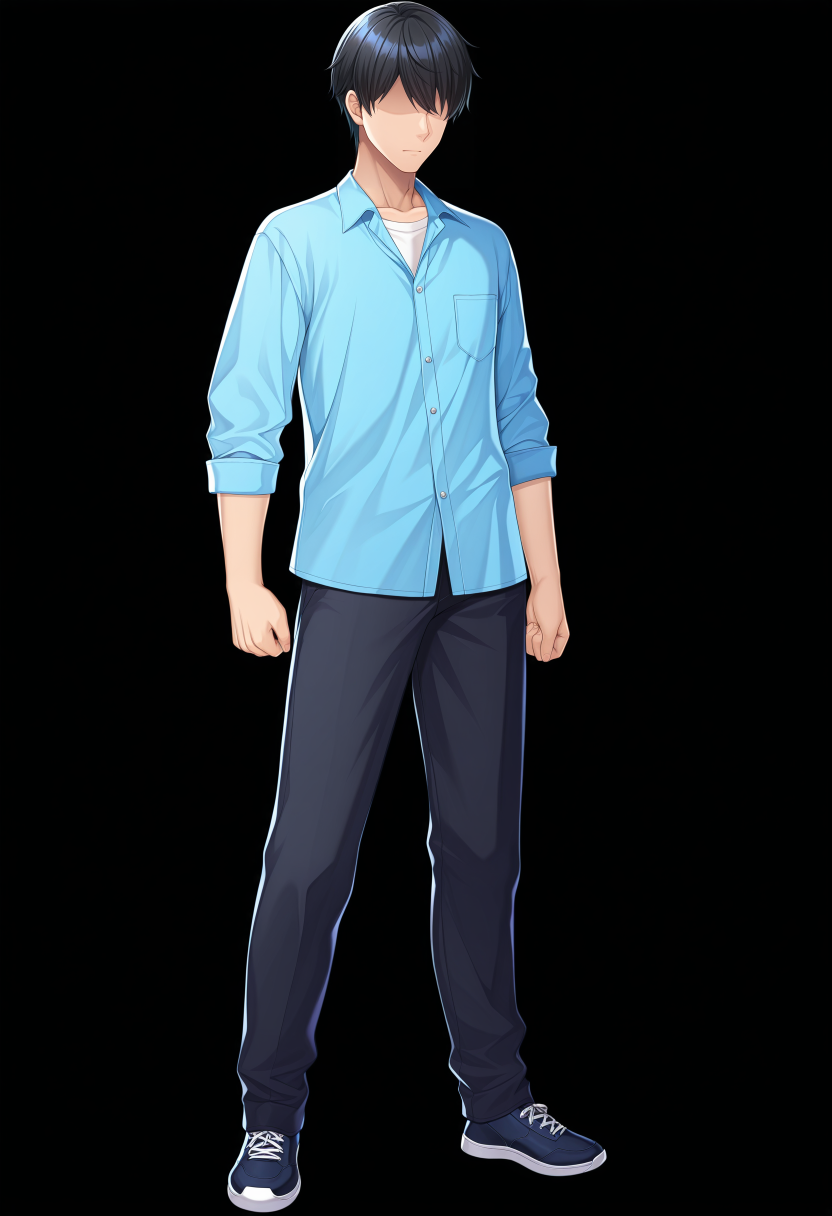 masterpiece, absurdres,amazing quality, best quality, extremely detailed, detailed background, <lora:character_cg:1>,1boy, solo male, faceless male, casual outfit, black hair, character cg, full body cg, black background