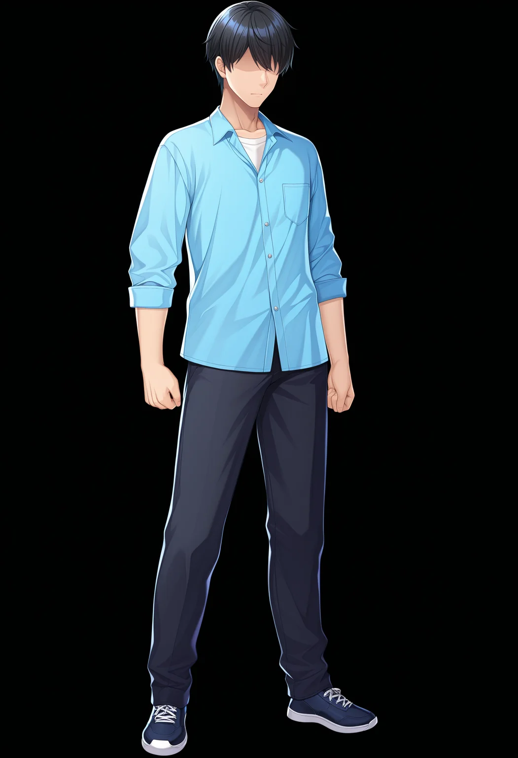masterpiece, absurdres,amazing quality, best quality, extremely detailed, detailed background, <lora:character_cg:1>,1boy, solo male, faceless male, casual outfit, black hair, character cg, full body cg, black background