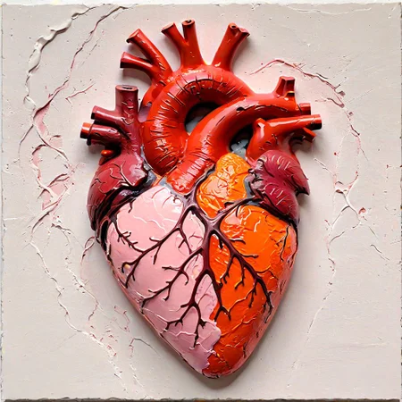 impasto, thick paint, textured canvas, heart silhouette, color palette: reds, pinks, oranges, anatomical heart elements, veins, arteries, hidden details, subtle, contrasting textures