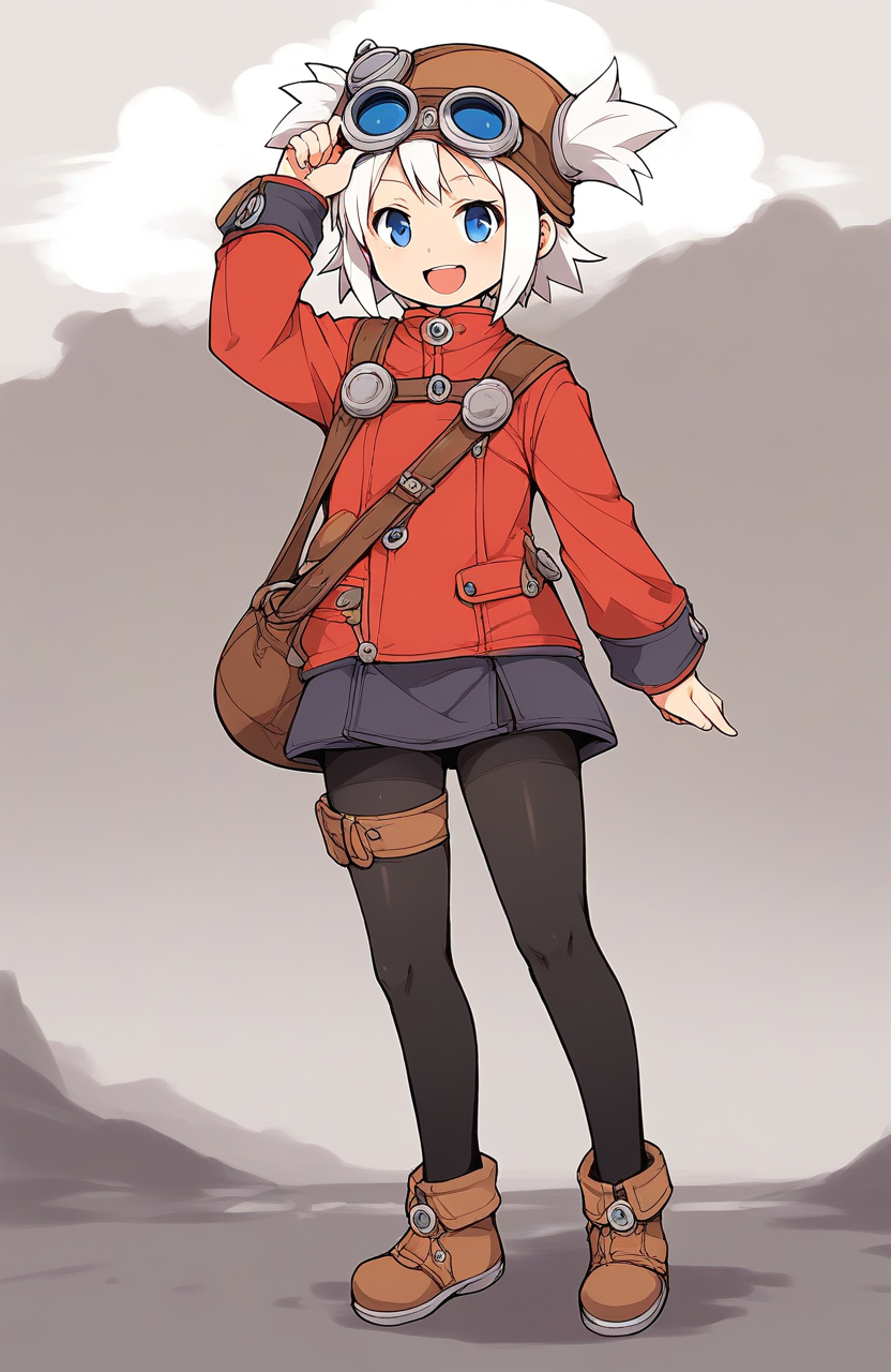 score_9, score_8_up, score_7_up, source_anime, rating_explicit, BREAK  <lora:Pratty_XL:1> Pratty, blue eyes, short hair, goggles, white hair, short twintails, hair through headwear, brown headwear, 
1girl, solo, pantyhose, full body,  open mouth, smile,  tachi-e, black pantyhose, red long sleeves, bag, skirt, short twintails, looking at viewer, standing, blue eyes, thigh strap, :d
standing, cowboy_Shot
outdoor, sky,