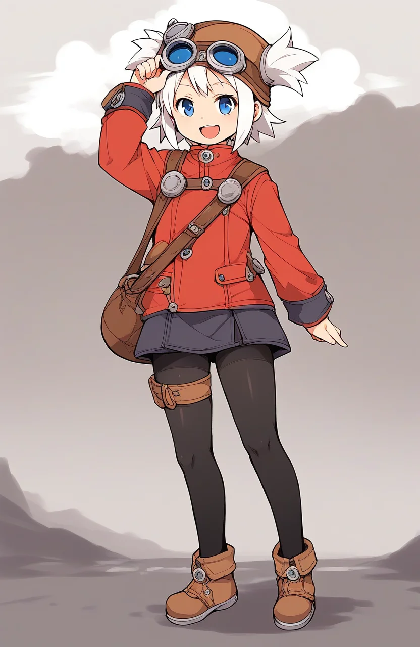 score_9, score_8_up, score_7_up, source_anime, rating_explicit, BREAK <lora:Pratty_XL:1> Pratty, blue eyes, short hair, goggles, white hair, short twintails, hair through headwear, brown headwear,
1girl, solo, pantyhose, full body, open mouth, smile, tachi-e, black pantyhose, red long sleeves, bag, skirt, short twintails, looking at viewer, standing, blue eyes, thigh strap, :d
standing, cowboy_Shot
outdoor, sky,