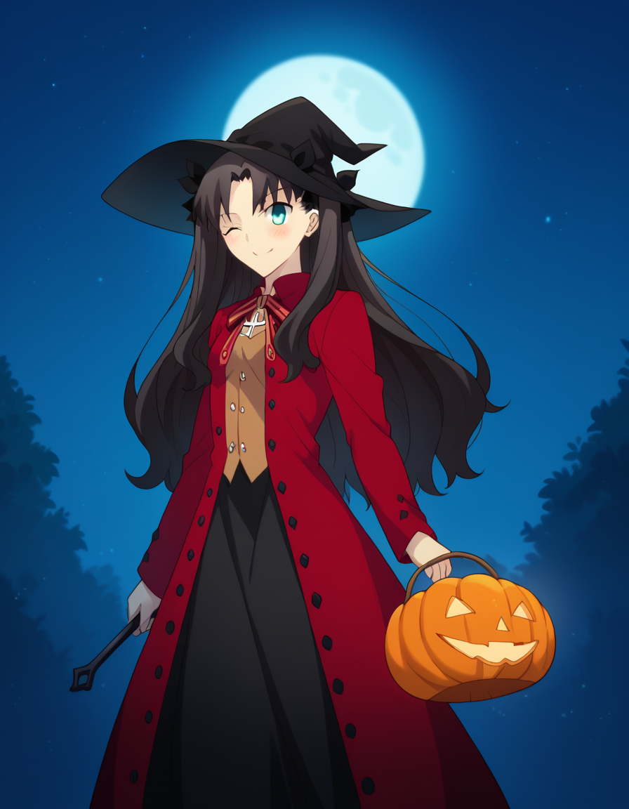 score_9, score_8_up, score_7_up, source_anime, rintohsaka, <lora:rin-tohsaka-ubw-ponyxl-lora-nochekaiser:1>, rin tohsaka, aqua eyes, black hair, hair ribbon, long hair, ribbon, sidelocks, two side up, parted bangs,, <lora:witch-ponyxl-lora-nochekaiser:1>, witch, hat, witch hat, dress, halloween, halloween costume, jewelry,, night, moon, blush, smile, one eye closed,, looking at viewer