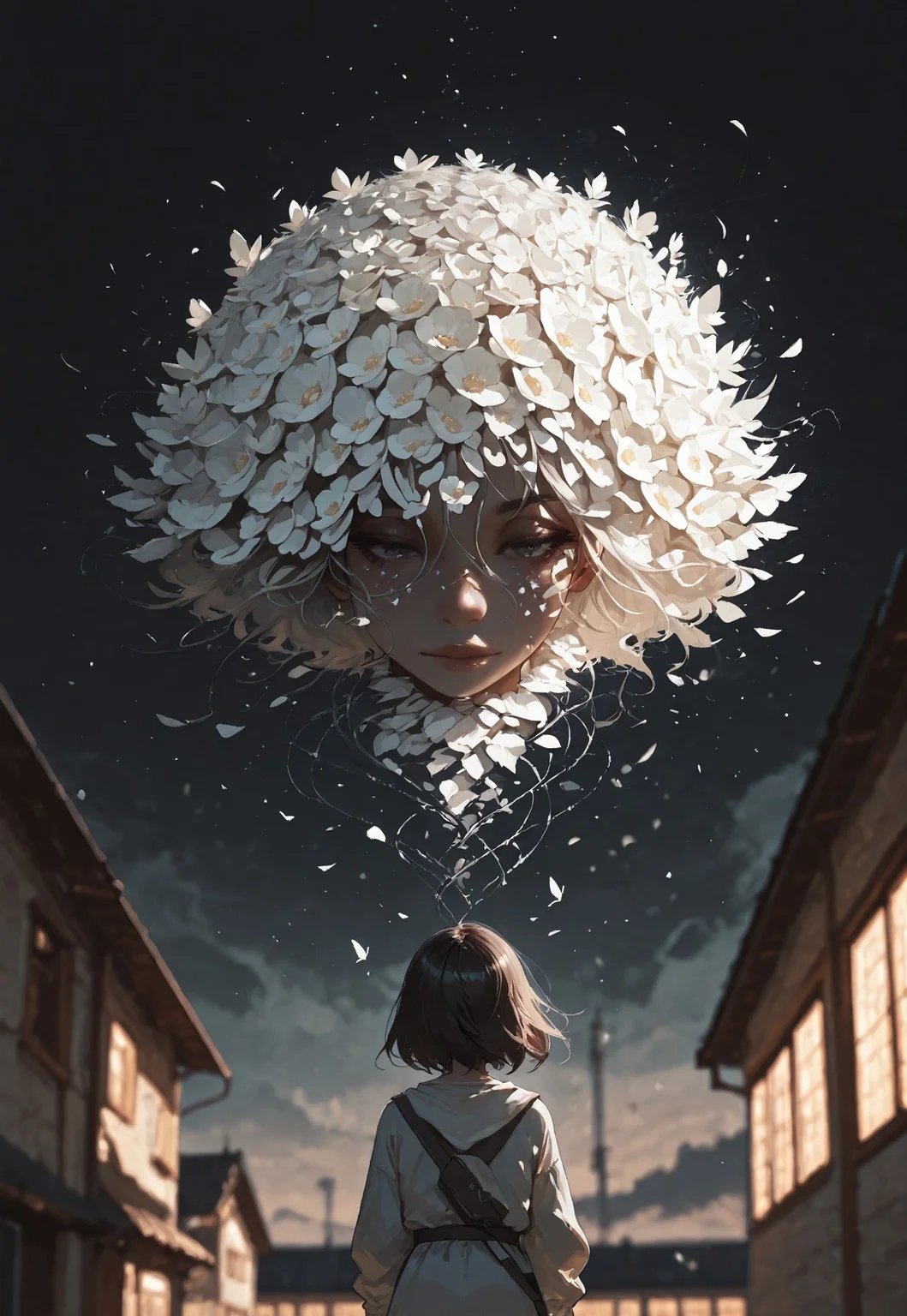 masterpiece, ultra-HD, cinematic lighting, photorealistic, impressionism (1.5), high detail, depth of field, (blurred background), (dramatic lighting), best quality, amazing quality, absurdres, , thousands of white paper birds falling from a shattered dreamcatcher suspended in the sky, a child watching them from a rooftop, surreal atmosphere, painterly textures, muted palette, emotional surrealism, floating perspective, soft melancholic beauty, 8k, concept art