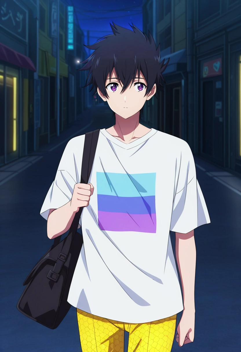 masterpiece, best quality, anime screencap, official style, anime coloring, cowboy shot, 1boy, solo, male focus, <lora:ryuunosuke_minakata_ilxl:1>, ryuunosuke_minakata, black hair, purple eyes, short hair, bangs, hair between eyes, neon streets, holo-ads, light paths, cyber cafes, walking pose, alert expression, night, GoldenYellow Argyle Cargo jogger pants, Tie-dye Terry cloth Henley thermal shirt, Sandals, , Satchel