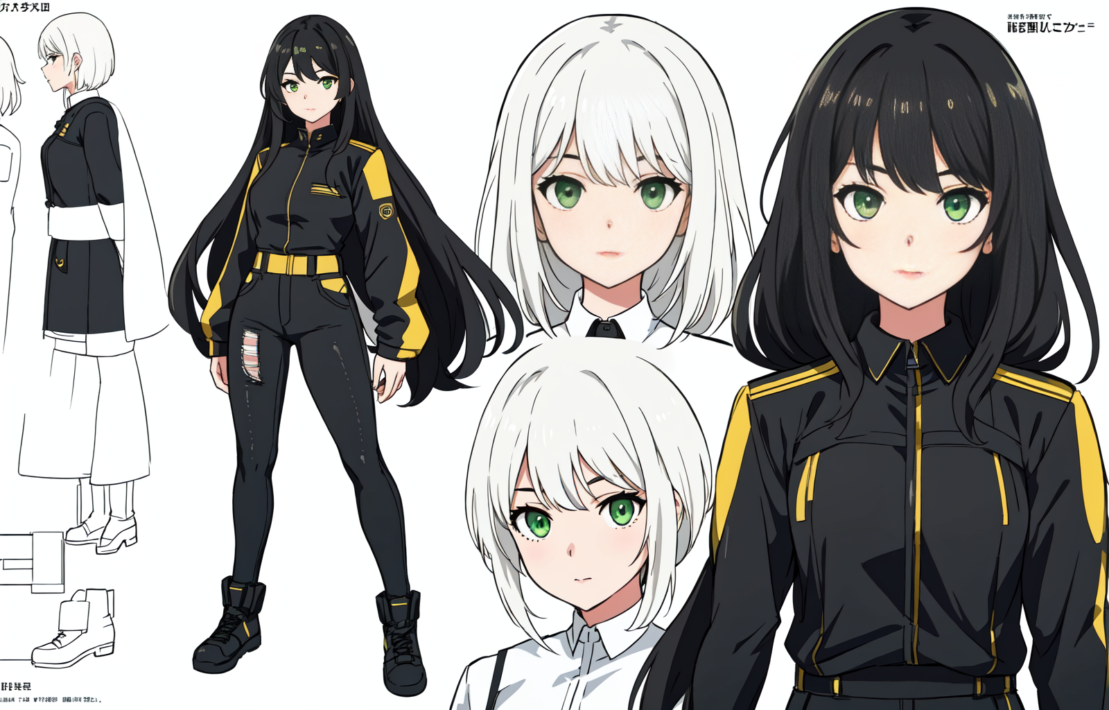 charturnerv2, pencil, draw, multiple lines, 1girl, face only, black hair, tied hair, green eyes, black jeans,battle suit, same outfit, concept-art, full body, detail_face, line_sketch, official art, official alternate costume, costume details, detail character, 4_side, original, 8K GC, massive detail, multiple views of the same character, no background, only detail character, technical illustration, multiple views,masterpiece,best quality, different expressions,