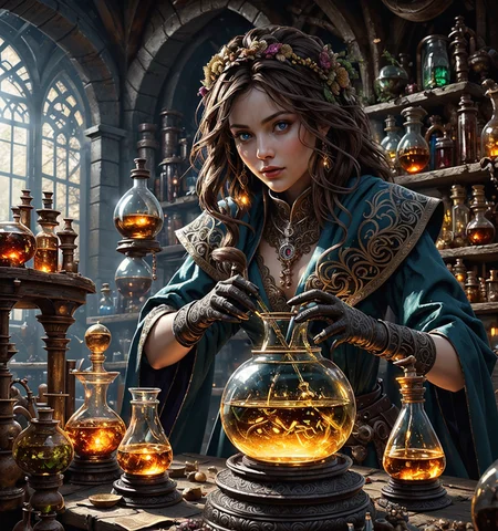 RAW photo, (masterpiece:1.3), subsurface scattering, heavy shadow, (high quality:1.4), (intricate, high detail:1.2), professional photography, HDR, High Dynamic Range, realistic, ultra realistic, photorealistic, high resolution, film photography, ambient lighting, atmospheric effects, <lora:detail_slider_v4:2>, OverallDetail, <lora:Alchemist-10:1>, 1girl, alchemist, brown hair, colored skin, flask, gloves, indoors, jewelry, looking at viewer, male focus, potion, solo, wide sleeves