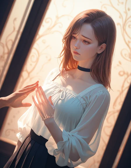 detailed, 1girl, solo, sfw, solo focus, whole body, brown hair, sad, volumetric lighting, 22 yo, gradient color, vibrant, mysticism, dutch angle, Background riverside, tranquil, calm, lush, detailed, 
8K, depth of field, sexy pose, best quality, detailed eyes, perfect eyes, realistic eyes, masterpiece, very asthetic, depth of field, dynamic pose, absurdresrt as she extends one hand to gently touch a (translucent male hand:1.5), creating an emotionally charged scene of vulnerability and connection. The atmosphere is filled with vibrant colors and abstract shapes, reflecting the depth of emotions evoked by this striking composition.

8K, depth of field, sexy pose, best quality, detailed eyes, perfect eyes, realistic eyes, masterpiece, very asthetic, depth of field, dynamic pose, absurdres,