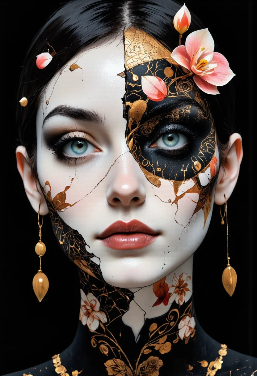 A highly detailed cinematic photography.
An intense, close-up portrait of a woman's face, rendered as if her skin is made of fractured porcelain, meticulously adorned with symmetrical, surreal floral tattoos that blend organic and geometric forms, creating a dreamlike and hyperrealistic aesthetic. Her striking blue eyes, framed by meticulously drawn eyebrows, pierce through the fractured surface and the intricate, floral tattoo design, holding a captivating mix of vulnerability and resilience, reflecting the strange beauty of the surreal world. Her full, slightly parted lips, painted a deep, glossy red, add a touch of warmth and humanity to the fragmented, floral visage.
The surreal floral tattoos themselves are the focal point, composed of stylized flowers, fragmented petals, and geometric patterns that morph and intertwine, creating a mesmerizing and otherworldly visual tapestry across her face. They are rendered in a stark palette of black and gold, with the gold accents highlighting the intricate details and surreal nature of the floral designs. Delicate, hyperrealistic flowers, such as orchids and lilies, emerge from the cracks in her porcelain skin, adding a touch of fragile beauty and organic contrast to the geometric patterns. The overall effect is both hauntingly beautiful and deeply unsettling, a testament to the artist's ability to evoke complex emotions through the juxtaposition of fragility, intricate floral designs, surrealism, hyperrealism, black and gold accents, and the human form. The subtle lighting casts soft shadows and highlights that enhance the texture and depth of the fractured porcelain and the surreal floral tattoos, while the dark background allows the viewer's focus to remain solely on the woman's captivating, surreally adorned face.
Niji style.