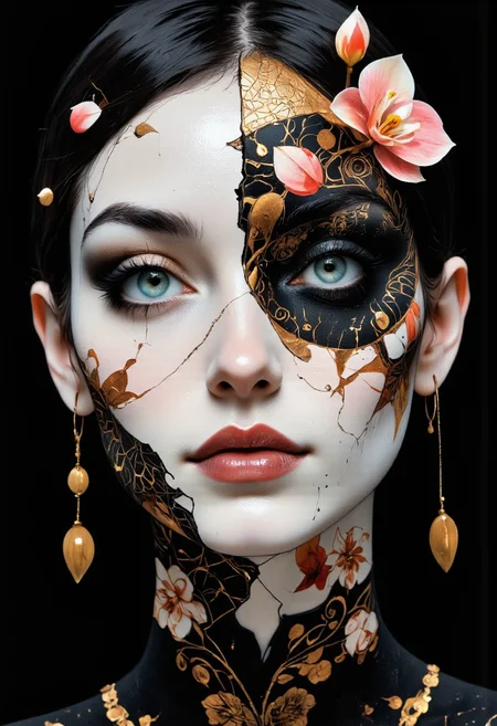 A highly detailed cinematic photography.
An intense, close-up portrait of a woman's face, rendered as if her skin is made of fractured porcelain, meticulously adorned with symmetrical, surreal floral tattoos that blend organic and geometric forms, creating a dreamlike and hyperrealistic aesthetic. Her striking blue eyes, framed by meticulously drawn eyebrows, pierce through the fractured surface and the intricate, floral tattoo design, holding a captivating mix of vulnerability and resilience, reflecting the strange beauty of the surreal world. Her full, slightly parted lips, painted a deep, glossy red, add a touch of warmth and humanity to the fragmented, floral visage.
The surreal floral tattoos themselves are the focal point, composed of stylized flowers, fragmented petals, and geometric patterns that morph and intertwine, creating a mesmerizing and otherworldly visual tapestry across her face. They are rendered in a stark palette of black and gold, with the gold accents highlighting the intricate details and surreal nature of the floral designs. Delicate, hyperrealistic flowers, such as orchids and lilies, emerge from the cracks in her porcelain skin, adding a touch of fragile beauty and organic contrast to the geometric patterns. The overall effect is both hauntingly beautiful and deeply unsettling, a testament to the artist's ability to evoke complex emotions through the juxtaposition of fragility, intricate floral designs, surrealism, hyperrealism, black and gold accents, and the human form. The subtle lighting casts soft shadows and highlights that enhance the texture and depth of the fractured porcelain and the surreal floral tattoos, while the dark background allows the viewer's focus to remain solely on the woman's captivating, surreally adorned face.
Niji style.