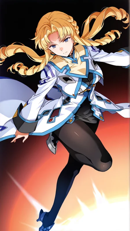 source_anime, general, best quality, masterpiece, 1girl, <lora:Marguerite_Pistail_ill_v1.0:1> marguerite_pistail\(srw\),blue eyes, blonde hair, long hair,braid,drill hair, ringlets, black pantyhose, drill sidelocks, high heels, long sleeves, coat,jacket, guimpe,dynamic pose, dutch angle, serious,