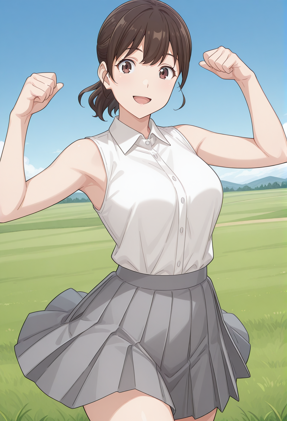tantei1_kangofu, brown eyes, brown hair, ponytail, mature female, white shirt, collared shirt, sleeveless, pleated skirt, gray skirt, <lora:tantei1_kangofu_illustrious_ver1:0.8>
smile, open mouth, cowboy shot,, masterpiece, best quality, sensitive,, 1girl, solo, blue sky, (grasslands:1.2), looking at viewer,, (dynamic pose:1.4),