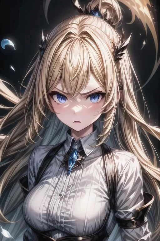 (masterpiece),
Luna,
1girl, blonde, floating hair,
white shirt,
upper body shot,
HDR, highly detailed, 32k,
black background, anger mood,
perfect face feature,