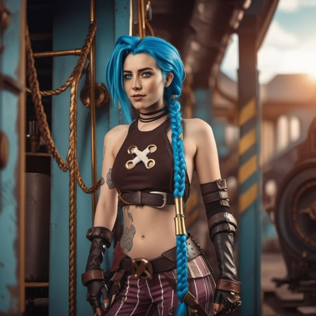 cinematic photo cinematic photo a woman, full body, and blue hair and braids is posing for a picture, steampunk city background <lora:Jinx1024-000260:0.8> . 35mm photograph, film, bokeh, professional, 4k, highly detailed