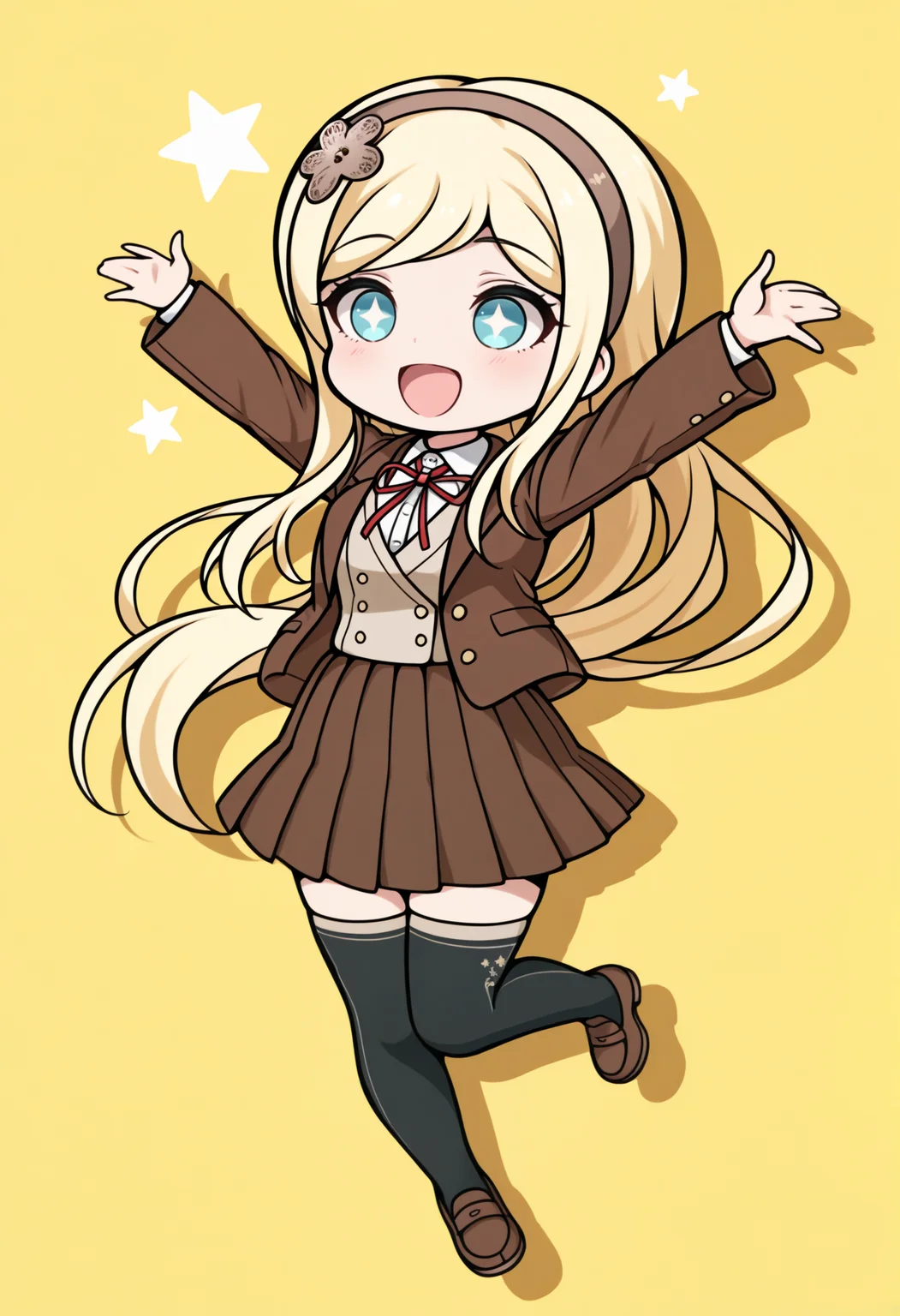masterpiece, best quality, 1girl, chibi, solo, open mouth, smile, \\o/, midair, full body, <lora:SoniaDR-illu:1> dr3S0, blonde hair, long hair, brown hairband, hair ornament, blue eyes, school uniform, brown jacket, open jacket, white shirt, collared shirt, neck ribbon, red ribbon, vest, brown skirt, pleated skirt, black thighhighs, loafers, brown footwear, yellow background, star \(symbol\), drop shadow