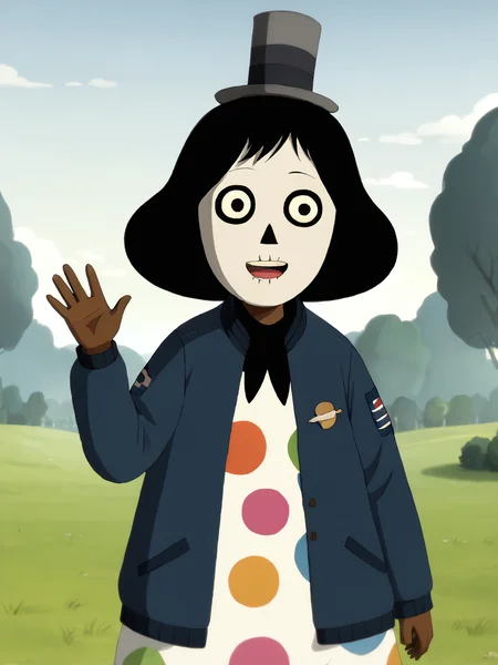 score_9, score_8_up, score_7_up,  score_6_up, BREAK, OverSarah, 1girl, solo, black hair, polka dot dress, jacket, top hat, upper body, raise left hand, waving, looking at viewer  <lora:Sarah:1>