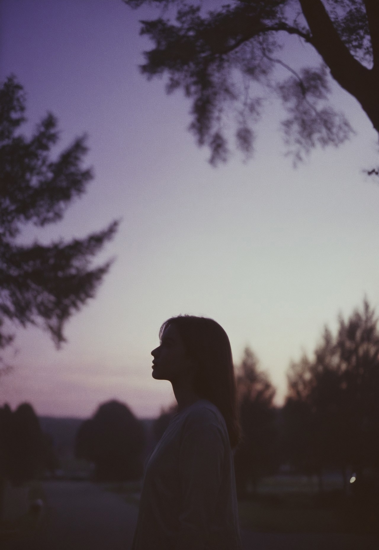 Film still, silhouette of a Girl Standing (out of focus) surrounded by trees, Twilight purple sky behind her,, Nikon F3, Nikon AF-NIKKOR 35mm f/2D Lens, kodak vision 3 500t Film, ISO 400, f/2.8, 35mm Film, Film Grain, film halation, Film look, Cinematic, epic cinematic color style
