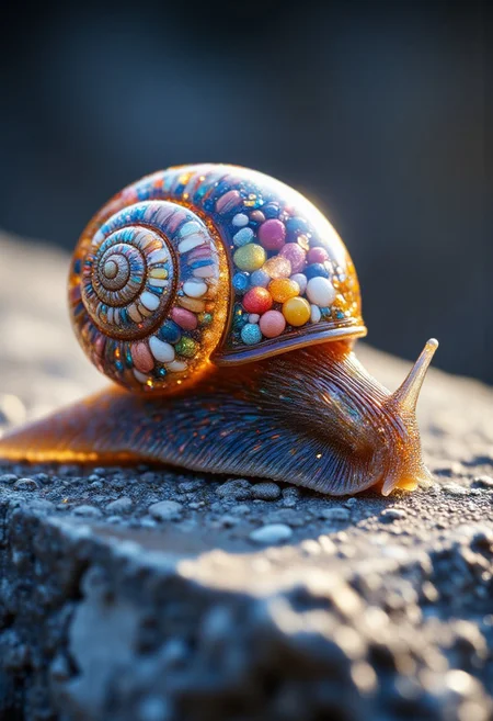(Macro photograph:1.2) of a snail resting on a stone. Its shell is transparent, revealing a delightful mix of glitter and colorful candies inside. The overall tone of the image is harmonious and beautiful, capturing the whimsical essence of this enchanting scene, 8k, best quality, ultra-realistic. aidmaMJ6.1, aidmaimageupgrader, crystalz, Chiaroscuro Lighting Style, Covered in shadows , partially covered in shadows