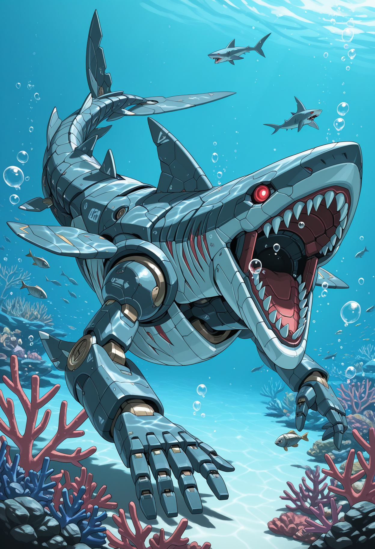 open mouth, red eyes, tail, teeth, no humans, animal, sharp teeth, robot, mecha, science fiction, fish, bubble, fins, underwater, joints, air bubble, robot joints, non-humanoid robot, shark, coral, mechanical tail, mechanization, robot animal, 