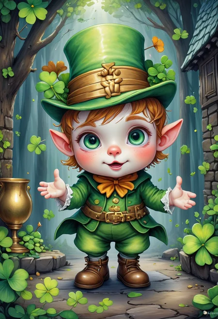 snt_ptrck, a hauntingly beautiful lighthearted and sweet watercolor playful scene with warm fuzzy and heartwarming visuals that capture the cuteness and charm of a leprechaun, shamrocks, forest, mysterious atmosphere, ambient lightning, mystical, concept art, (masterpiece:1.4), (best quality:1.4), (intricate details:1.4), high line detail, iridescent colors, filigree, vibrant details, (expansive view:1.4), (clear outlines:1.4), (ultra detailed:1.4), 64K, (high contrast:1.4), award winning, stunning, beautiful composition, decorative, highly detailed, elaborate, ornate, intricate, dramatic, exuberant, grandeur, realistic, perspective, light and shadow, elegant, art-station, smooth, sharp focus, illustration, clean sharp focus, high quality texture, <lora:Feast_of_Saint_Patrick_Flux:1>