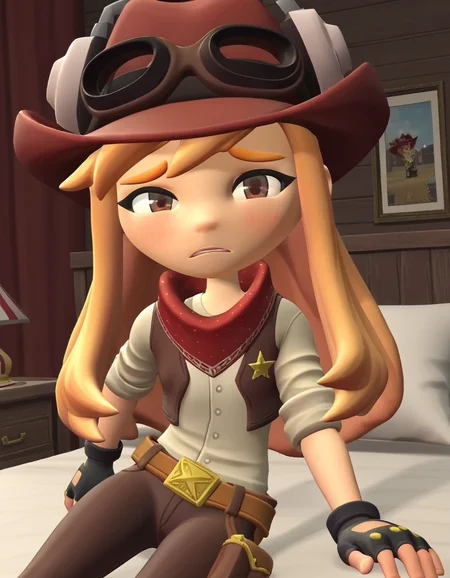 score_9, score_8_up, score_7_up, source_anime,
meggyspletzer, <lora:meggy-spletzer-ponyxl-lora-nochekaiser:1>,
meggy spletzer, long hair, blonde hair, brown eyes, 3d,
gloves, hat, pants, fingerless gloves, eyewear on head, cowboy hat, cowboy western,
indoors, bed, bed room, on side, blush, drunk,
looking at viewer, cowboy shot, dutch angle, solo,
