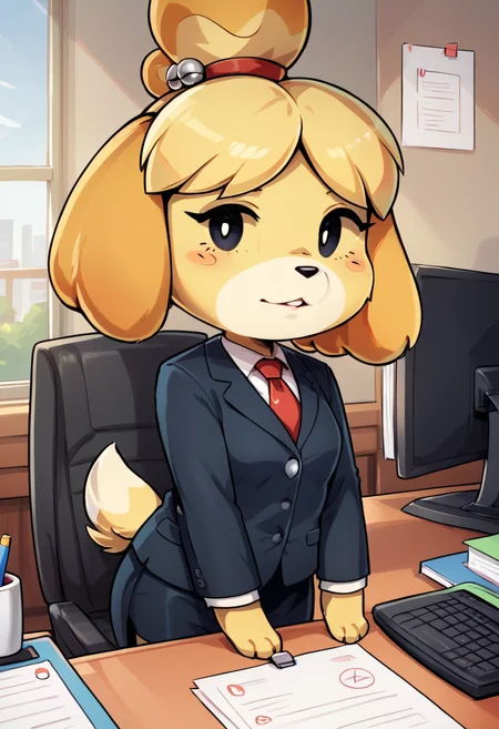 score_9, score_8_up, score_8, <lora:Shizue_for_PonyXl:0.8> 1girl, dog girl, shizubelle, animal ears, furry female, blonde hair, tail, black eyes, topknot, office, suit, professional, secretary