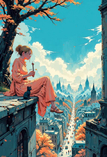 A dynamic anime-style illustration of a glamour woman sitting on the edge of a building in paris, overlooking montmartre,  above the city. She has her legs stretched forward with her hands gently resting on her knees, her upper body leaning slightly forward. her cat rests next to her on the ledge. She wears a bright pink dress,  and vibrant pink sandals with white soles. Her golden blonde hair flows naturally in the breeze.
The background features a vivid urban parisian cityscape , with detailed buildings, small cars, and bustling streets far below. The perspective emphasizes depth and height, creating a thrilling and adventurous atmosphere. The color scheme is dominated by bright blue and pink tones, with orange and green elements.
The sunlight casts soft, warm shadows, enhancing the vibrant and energetic mood. The overall composition is dynamic and asymmetrical, with a strong sense of scale and movement in the scene.
<lora:Anime v1.3:1.2> <lora:Blue_Future:0.9>, painted world