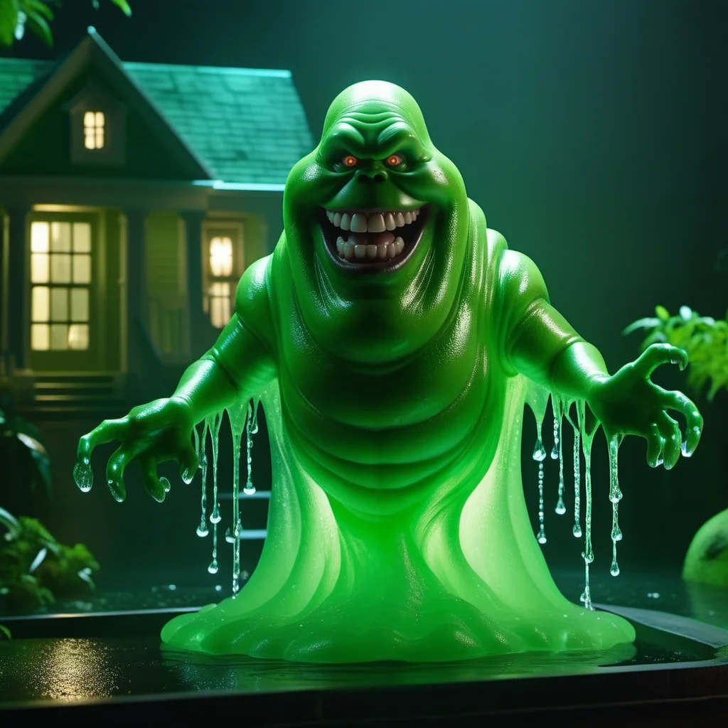 Slimer1024, a glowing green seethrough ghost, wet and slimy, hauted house, features intricate detail, detailed eyes, highly detailed, photography, ultra sharp, film, bokeh, professional, 4k <lora:Slimer1024:0.4>