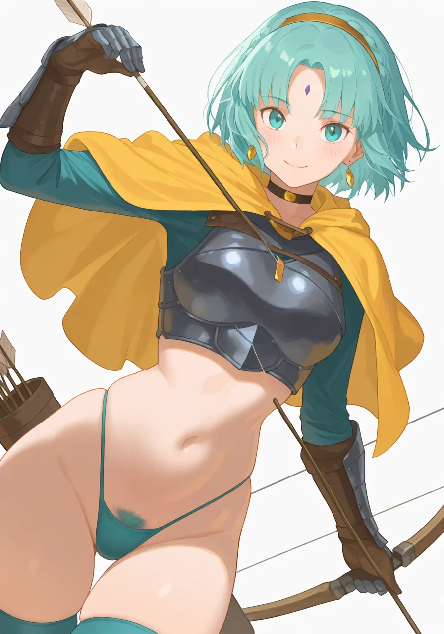 1girl, aqua eyes, aqua hair, aqua panties, aqua thighhighs, armor, arrow (projectile), asymmetrical armor, bikini armor, blunt bangs, blush, bow, bow (weapon), braid, braided pubic hair, breastplate, capelet, choker, closed mouth, colored pubic hair, cowboy shot, criss-cross straps, drawing bow, earrings, facial mark, female pubic hair, forehead mark, gauntlets, green pubic hair, hair ornament, hand up, hatching (texture), headband, highleg, highleg panties, holding, holding arrow, holding bow (weapon), holding weapon, jewelry, leg armor, long sleeves, looking at viewer, narrow waist, navel, panties, pubic hair, pubic hair peek, quiver, shaped pubic hair, short bangs, short hair, shoulder armor, simple background, skindentation, smile, solo, spikes, standing, stomach, thigh gap, thighhighs, thighs, underwear, vambraces, weapon, white background, yellow capelet, BREAK character_concept, cowboy_shot, (dutch_angle:1.25), masterpiece, best quality, amazing quality, very aesthetic, absurdres, modern, recent, newest, <lora:FateGO-Memorial2023V2_IL_Style_epoch_6:1> F4t3M3m0V2, fantasy, novel illustration, cover image