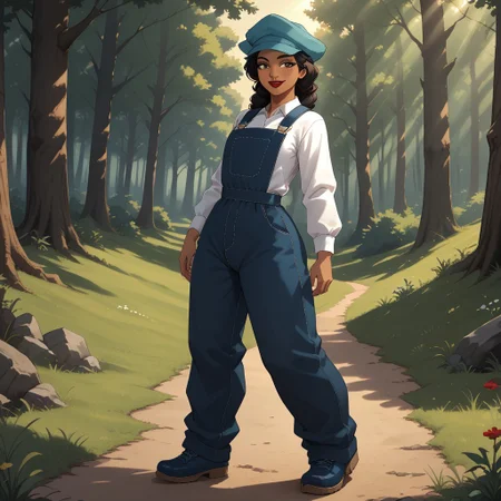 score_9, score_8, BREAK, solo, black hair, cyan headwear, brown eyes, dark skin, dark skin female, red lips, lipstick, white shirt, long sleeves shirt, dark blue overalls, dark blue shoes, Audrey_Ramirez_(Atlantis), sexy pose, self portrait, smile, outdoors, sunlight, shadows, evening lighting, natural lighting, forest, trees, grass, orange sky, sunset