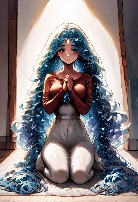 score_9, score_8_up, score_7_up, flat colors, thick lines, anime style, simplistic artstyle, 1girl, 20 years old, smile,smirk,reassuring, smug,kiss, kiss pov, raised eyebrows, transparent glow hair,Cosmic Hair, hair over eyes, hair over face, hair over body, drill hair, very long hair, floor length hair, incrsxlcrystalhair,crystal hair, shiny hair, hair between breasts, crystal blue eyes, big eyes, big breasts,victorian dress,((breasts squeeze with elbows)), thicc, thick thighs, white cotton tights, ribbed tights,squishy, looking at viewer, standing, arms behind back, embarrassed eyebrows, looking at viewer, from above,praying,oppaiprayer, own hands together,godrays,rays,light rays,blush, shy