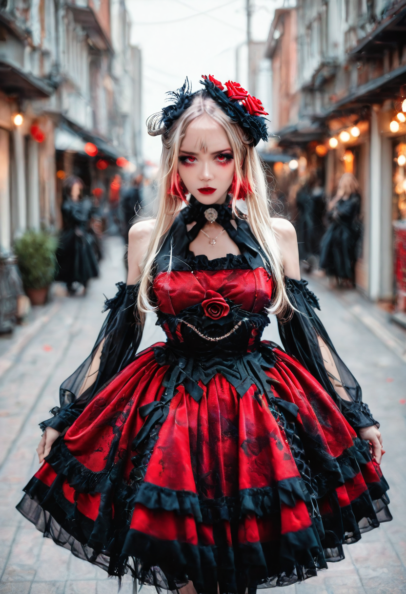<lora:Illustrious_Realistic_Fashion_Collection_-_Gothic_Lita:1> girl wearing a gothic fashion dress, on the street, black and red dress with roses, subsurface scathering, depth of field, skin pores, detailed skin, masterpiece, best quality, newest, absurdres, highres, feeling, impact, very awa, dim lighting, sidelighting, skindentation, amazing quality, scenery, very aesthetic, newest, volumetric lighting, blending, <lora:add-detail-xl:1> <lora:cfg_scale_boost:1> <lora:sdxl_enhance:1> <lora:spo_sdxl_10ep_4k-data_lora_webui:1>
