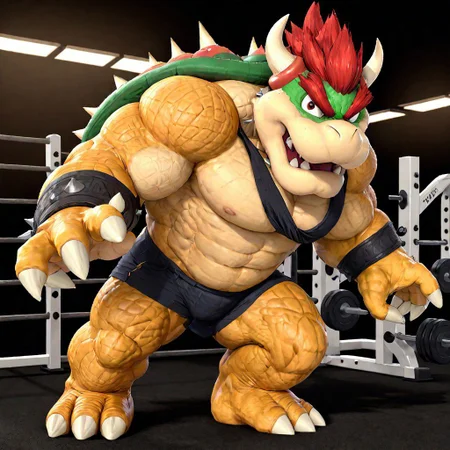Bowser, flexing his muscles, at the gym,