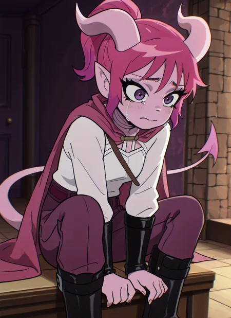scttp, anime coloring, sketch, solo, solo female, 1girl, feminine, crying, sitting on knees, purple eyes, pink hair with purple gradient, poseydnd, (tiefling, pointed ears, horns, tail, imp tail, leather bracers, tiefling, straight horns, demon horns, tail, pointed ears, long pink hair, pink hair with purple gradient, long lashes, thick lashes hair, ponytail, pale pink skin, pink cloak, thin tail, imp tail, white blouse, light colors, pastel colors, ponytail), tiefling, pointed ears, horns, tail, purple pants, leather boots,  portrait, framing face