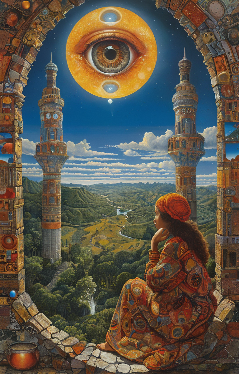 masterpiece,best quality,<lora:tbh376-sdxl:0.6>,illustration,style of Mati Klarwein, tech genius teenage girl