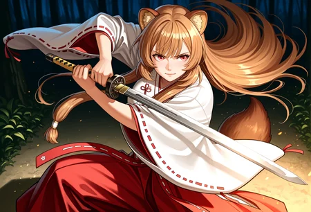 absurdres,8k,masterpiece,best quality,high resolution,high quality,detailed skin,highres,official art,detailed,perfect hands,(realistic:1.2),
An ethereal photographic image that gives a warm impression,(cute details:1.2),upper body,
from above,from front,face focus,standing,
BREAK
<lora:shieldhero_raphtalia_illustriousXL:1>,rphtlkatana,raccoon tail,long hair,brown hair,raccoon ears,animal ear fluff,red eyes,miko,japanese clothes,white kimono,long sleeves,wide sleeves,ribbon-trimmed sleeves,red hakama,hakama skirt,
BREAK
elaborate katana,
expressive eyes,fantasy setting,cute and friendly,colorful,intricate details,vibrant colors,holding katana,
confident,firm gaze,slight smile,strong posture,
piercing gaze,sharp eyes,intense expression,focused,detailed eyes,bright highlights,strong and confident,captivating stare,
BREAK
indoors,night,forest,
(Hold the sword at the waist:1.2),
intense gaze,detailed,fine details,dramatic lighting,dynamic pose,strong and confident,dark background,spread legs,
slight forward lean,movement,action,slashing effect,slashing effect,dynamic motion,
action scene,motion blur,glowing edges,
(samurai in iaijutsu stance,katana drawn:1.2),dynamic pose,poised for action,intense expression,martial arts,precise movements,serene background,zen garden,
<lora:illustrious_noobai_epsilon_pred_1_best_quality_v1:1>,masterpiece,best quality,very aesthetic,absurdres,